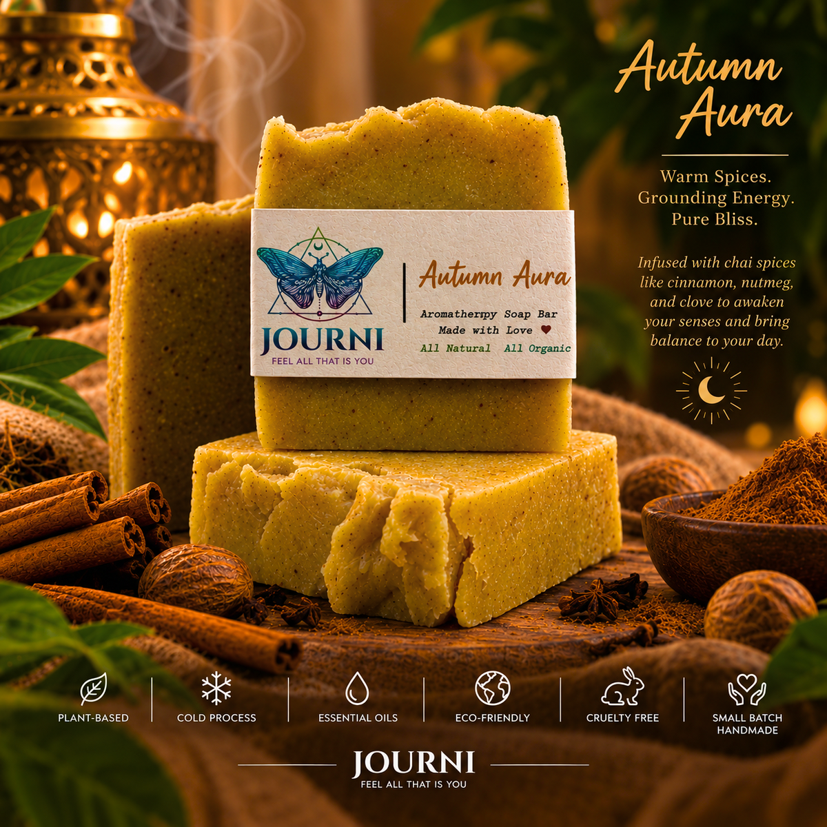 Journi Autumn Aura Chai Spice Soap featuring warm, earthy tones and a rustic design in a natural soap bar.
